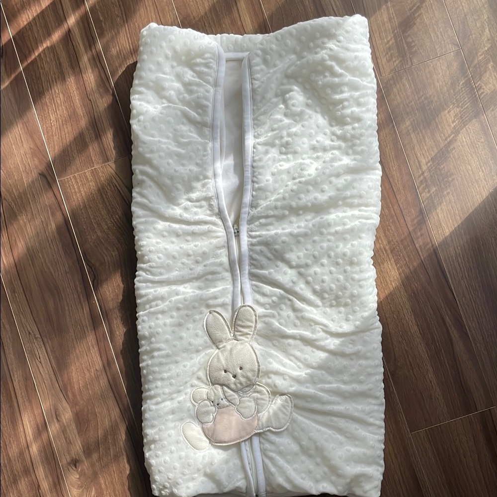 White Plush Baby Sleeping Bag with Bunny Embroidery